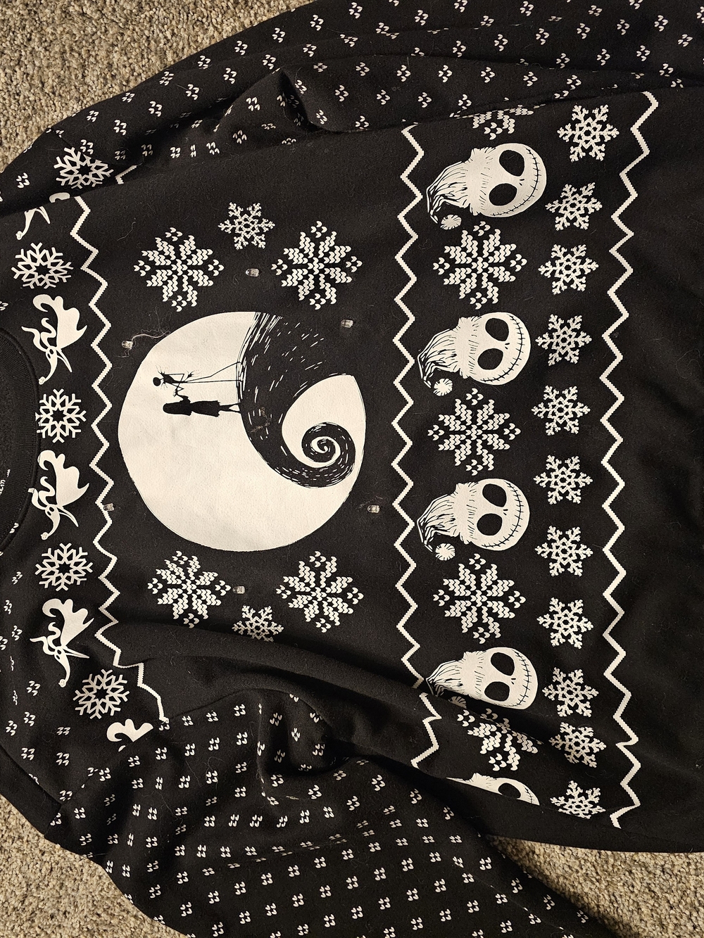 Black Themed Holiday Sweater with White Jack Skellington Motif